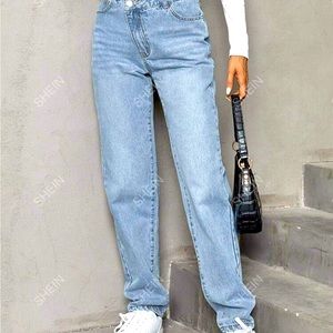 Frenchy Stepped Light Wash Waist Straight Leg Jeans